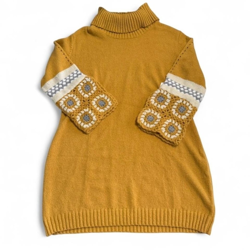 New Mustard Knit Sweater‎ Dress w/ Crochet Granny Square Sleeves | XL